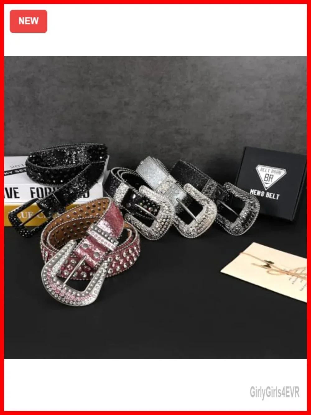 Rhinestone Embellished Leather Belt with Detachable Buckle